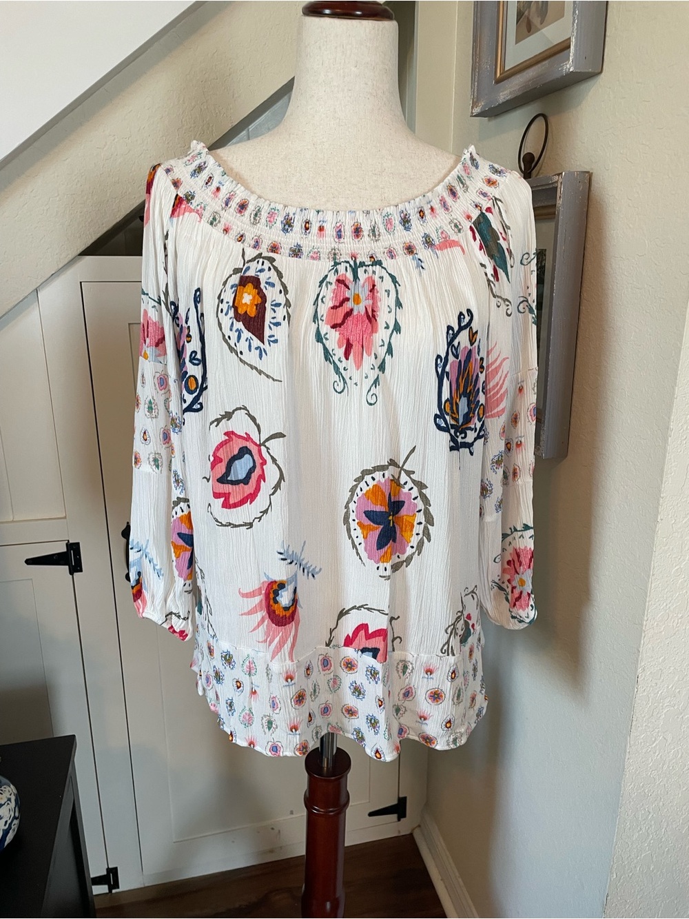 Desigual White Floral Boho Blouse Off the Shoulder Festival Boho Artsy Resort